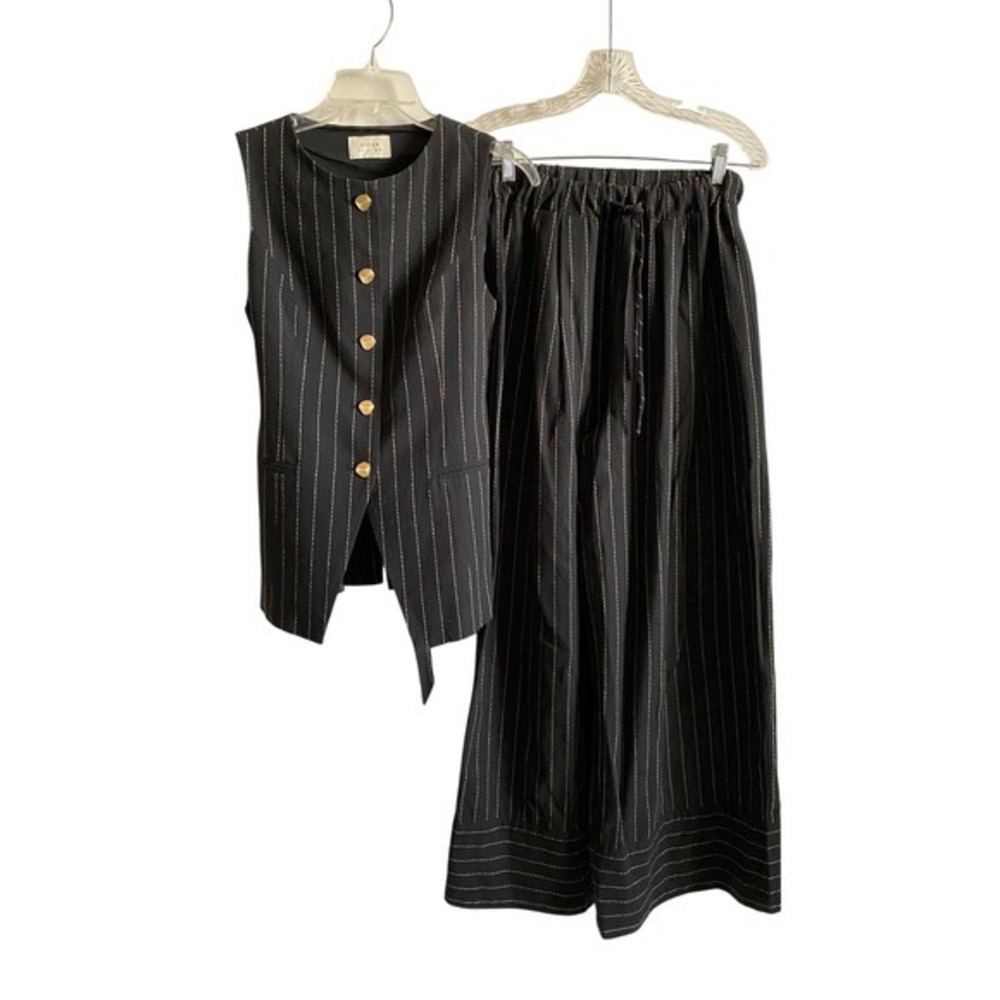 DISSH Boston Black Pinstripe Linen Blend Vest Waistcoat & Wide Leg Trouser Set 4